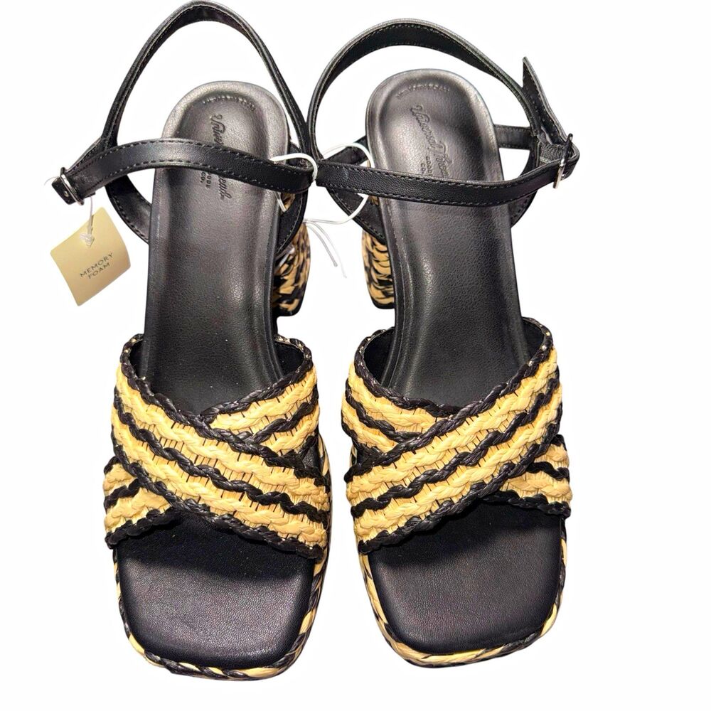 Time and Tru Women’s Size 8 Raffia Platform Block Heel Sandals Black NWT